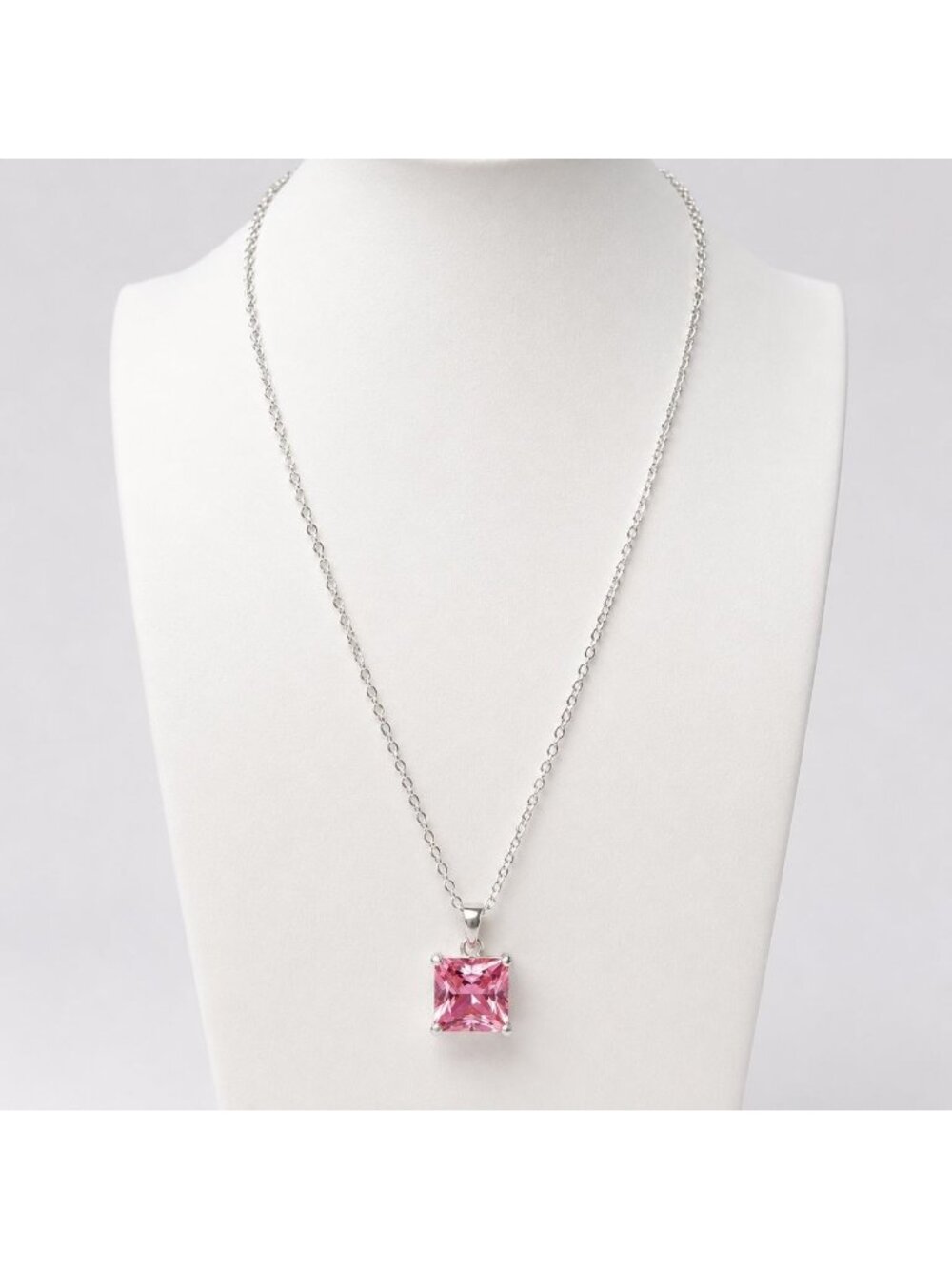 Vintage Pink Swarovski Crystal Princess Cut Solitaire Necklace Silver Overlay